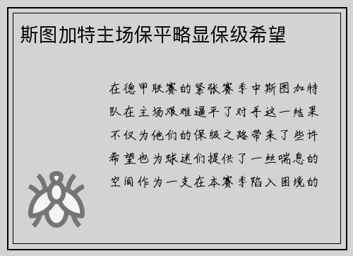 斯图加特主场保平略显保级希望 斯图加特主场保平略显保级希望